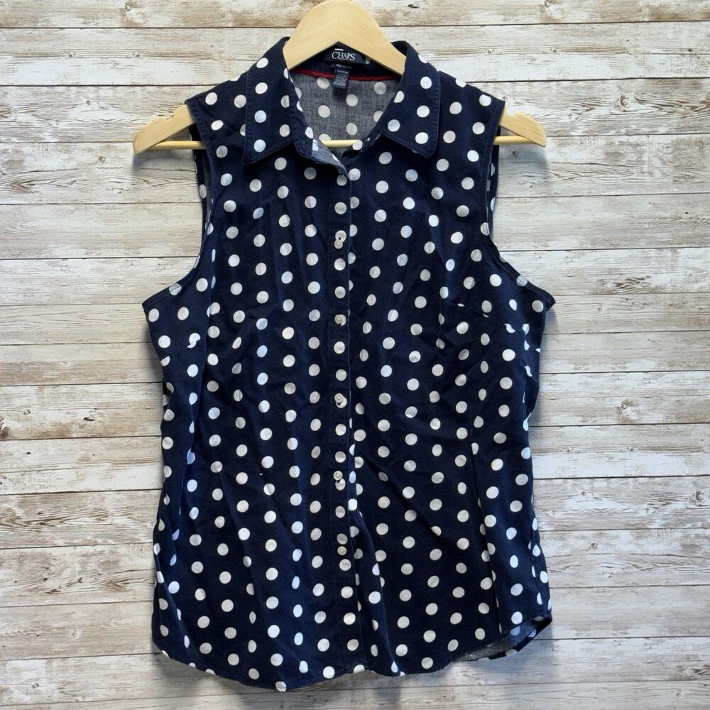 Chaps No Iron Sleeveless Button Up Shirt Womens XL Navy with White Polka Dots